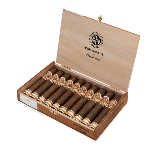 Open box of EGM Maduro Maximos cigars with American Broadleaf maduro wrappers